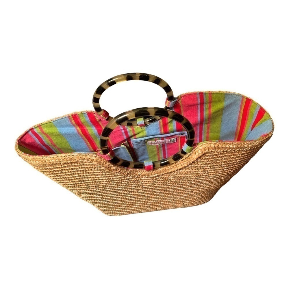 Putu by J MacLear straw bag tortoise ring handles and stripe cotton lining